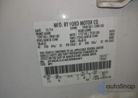 2014 Ford Edge Sel z USA, uszkodzony, nr VIN 2FMDK3JC8EBB86491